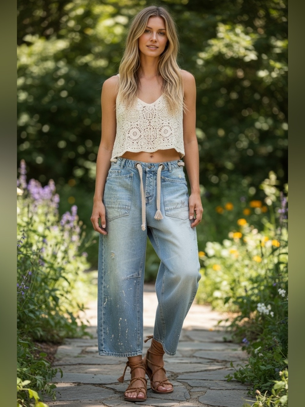 Free People We The Free Moxie Barrel Jeans 26 Short Paint Splatter Rope Belt